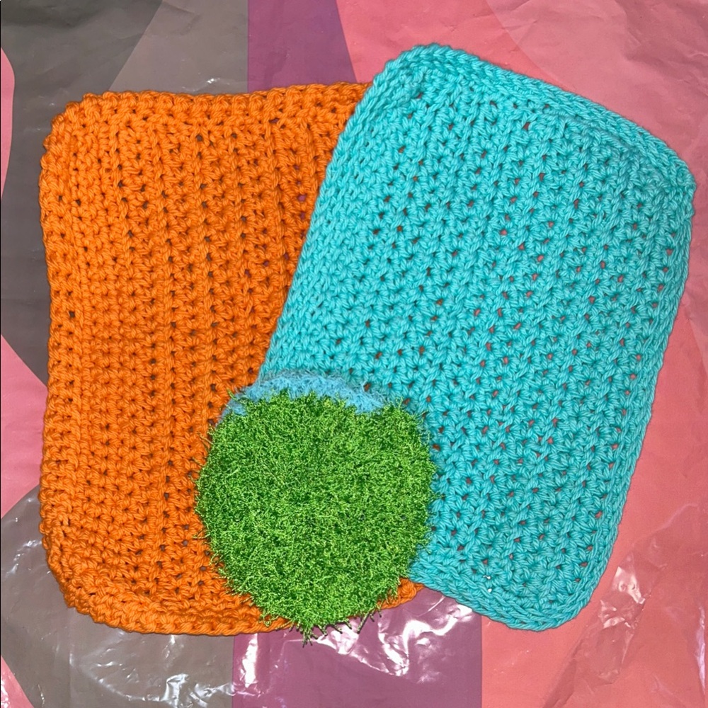 Handmade Crochet Dishcloth Set in Orange and Blue